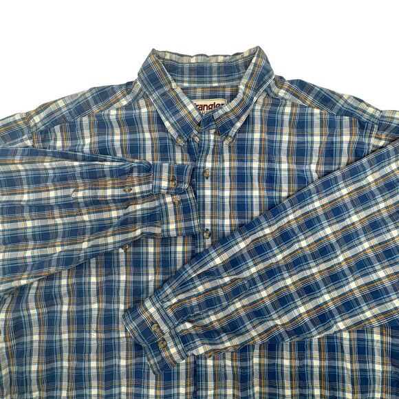 Wrangler Rugged Wear Men's Plaid Button-Up Shirt Wrinkle‎ Resist Blue Yellow XLT - Picture 1 of 8